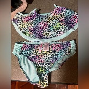 Girls 14/16 multicolor leopard print laser cut ruffle (flounce) bikini
